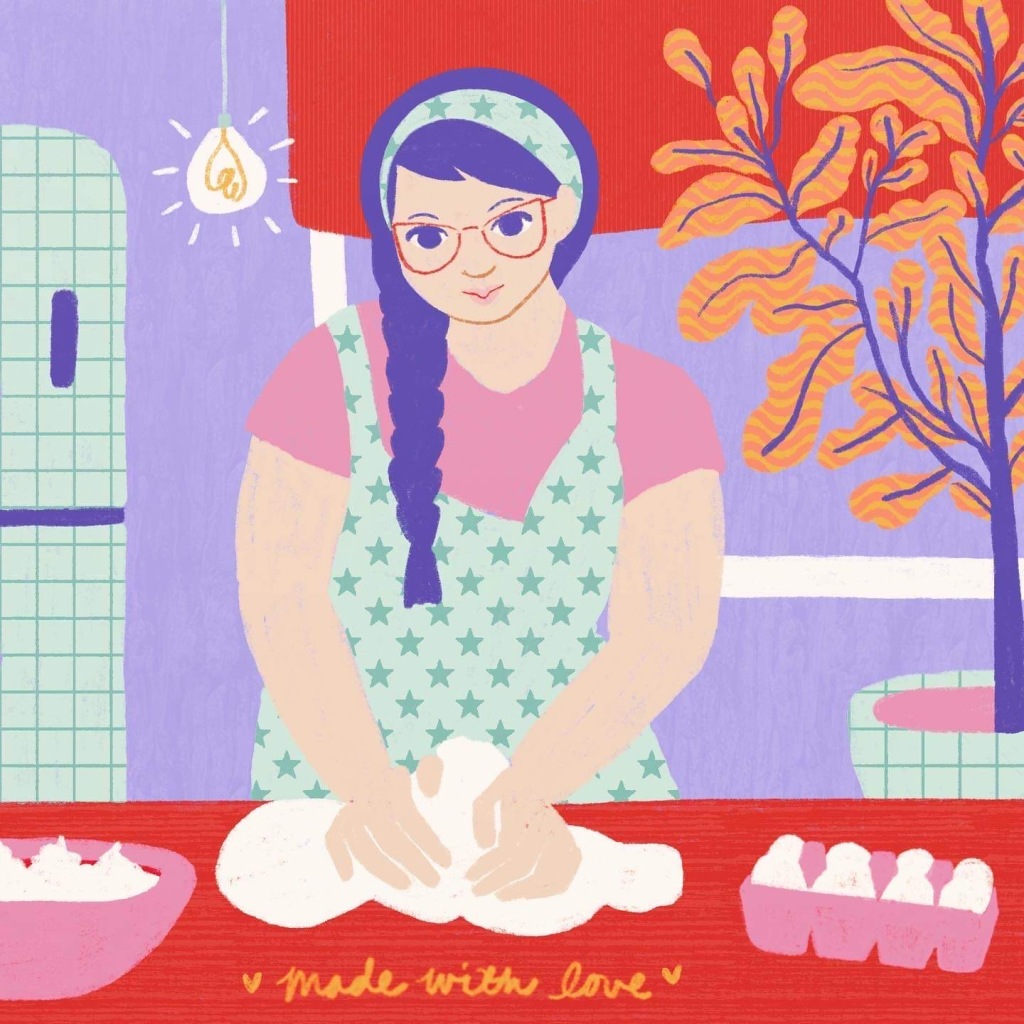 Drawn portrait of myself kneading dough, wearing a green headband and apron; a carton of eggs to my left and a bowl of cream to my right; a tree with orange leaves in the background and a bright lightbulb hanging overhead 